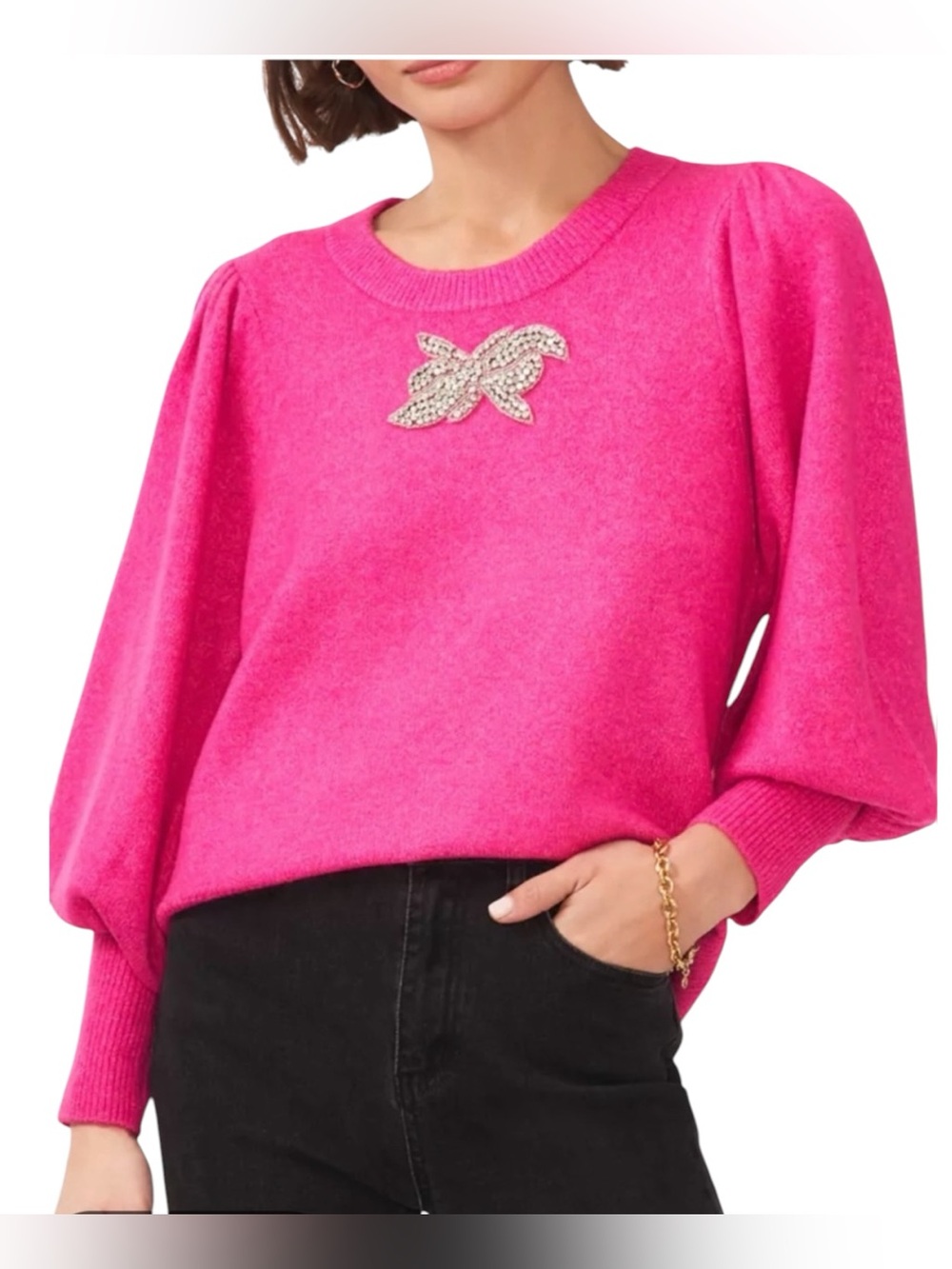 CeCe Bright Pink Puff-Sleeve Crewneck Sweater with Crystal Brooch Size M - Picture 1 of 7